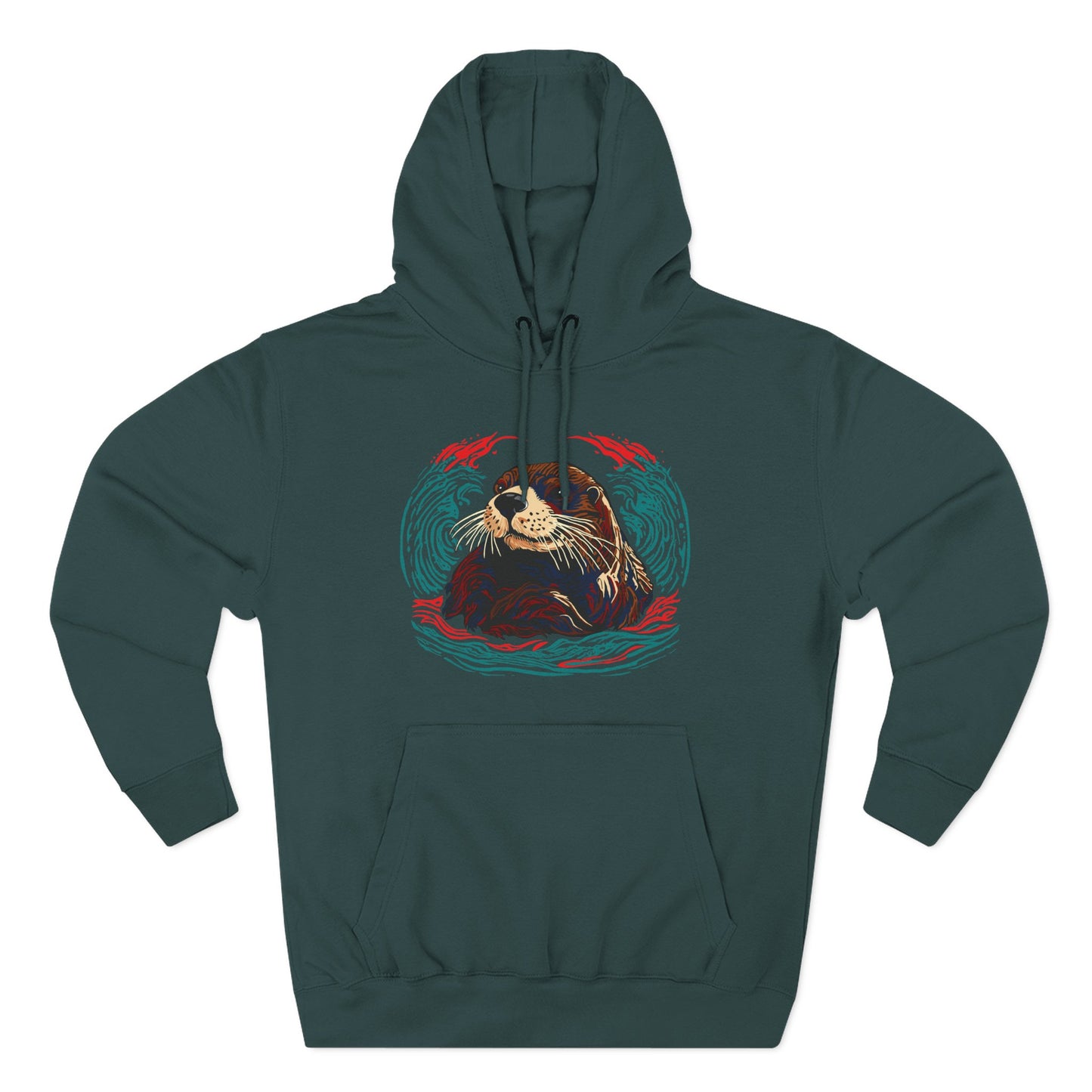Hand-drawn Alaska Native inspired sea otter hoodie — original Indigenous wildlife design — close-up of the design detail