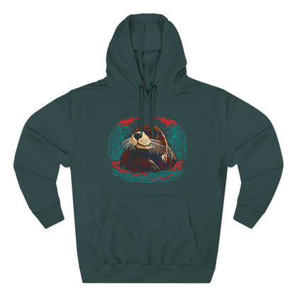 Hand-drawn Alaska Native inspired sea otter hoodie — original Indigenous wildlife design — close-up of the design detail
