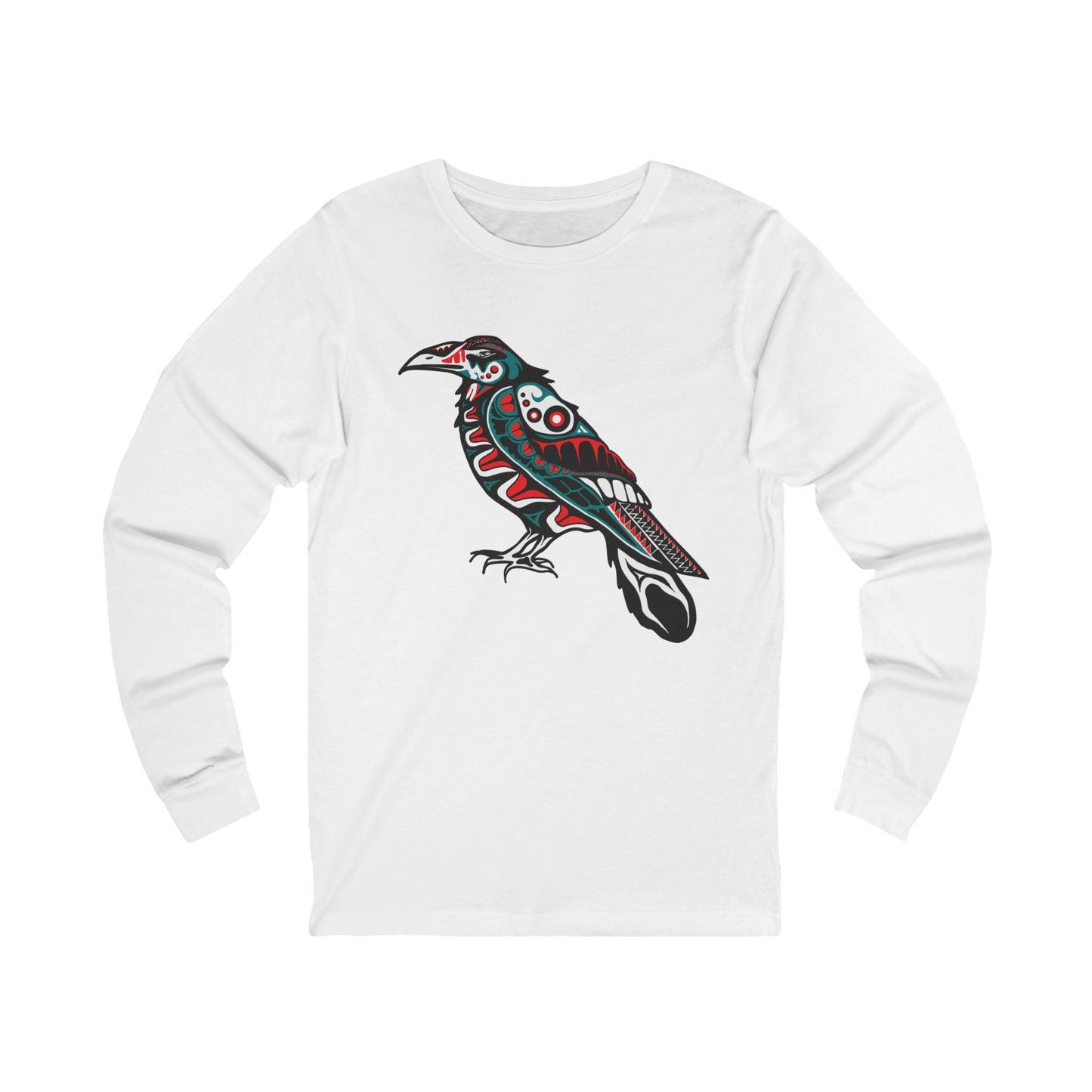 Hand-drawn raven long-sleeve tee — original wildlife art by Kayanna Healy at Neo Native