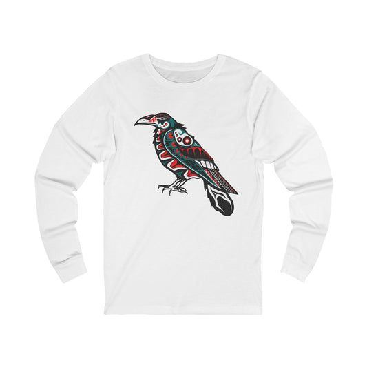 Hand-drawn raven long-sleeve tee — original wildlife art by Kayanna Healy at Neo Native