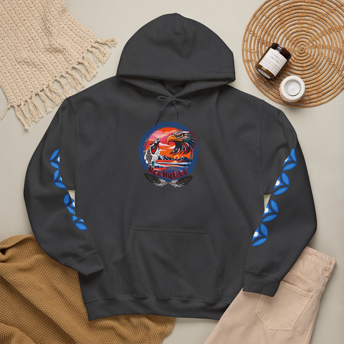 Neo Native brand logo hoodie — Alaska Native owned apparel brand — styled product photo