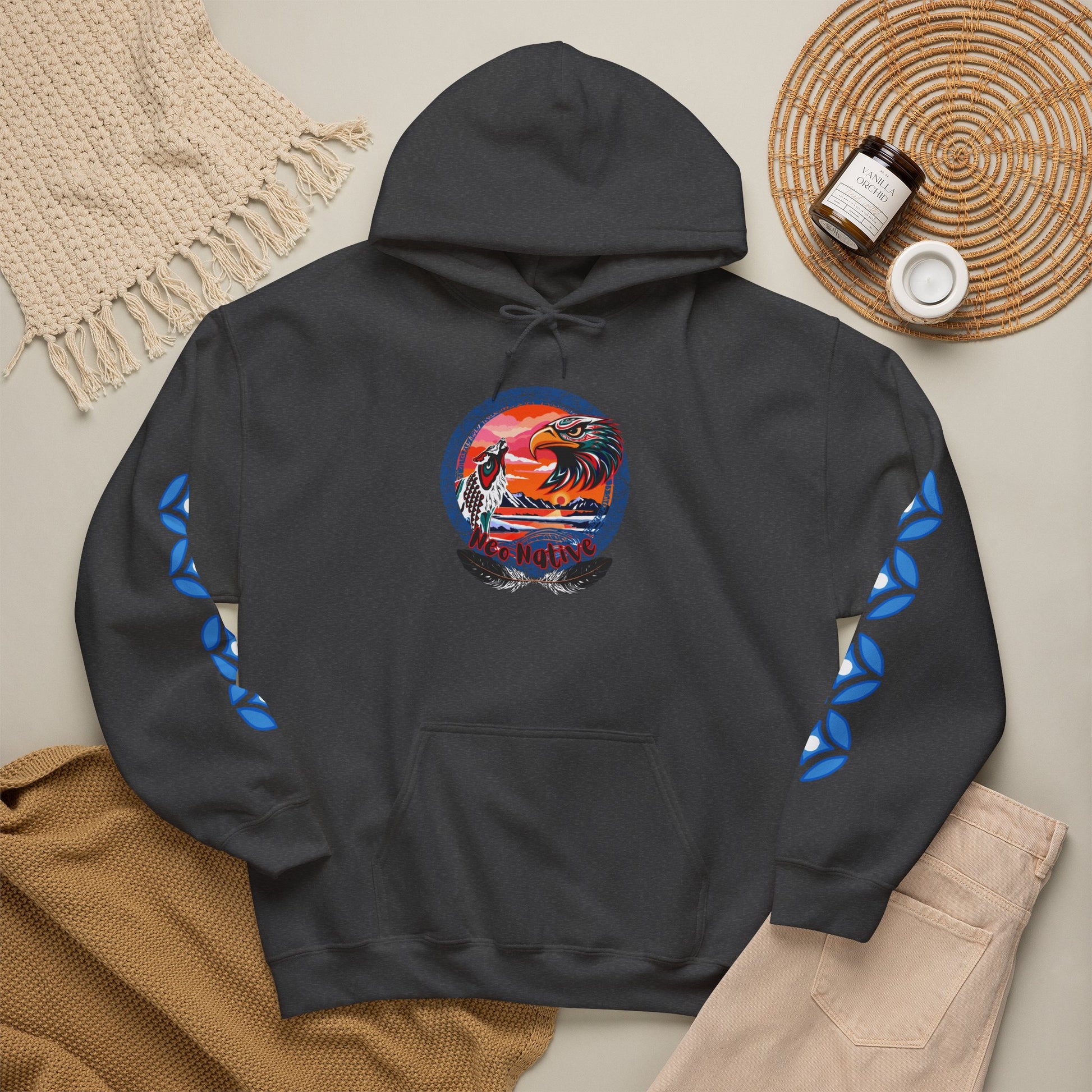 Neo Native brand logo hoodie — Alaska Native owned apparel brand — styled product photo