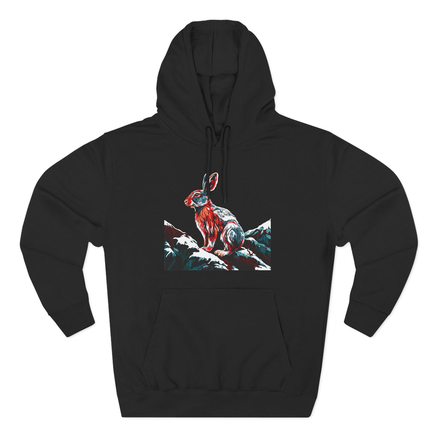 Hand-drawn Alaska Native inspired snowshoe hare hoodie — original Indigenous wildlife design — close-up of the design detail