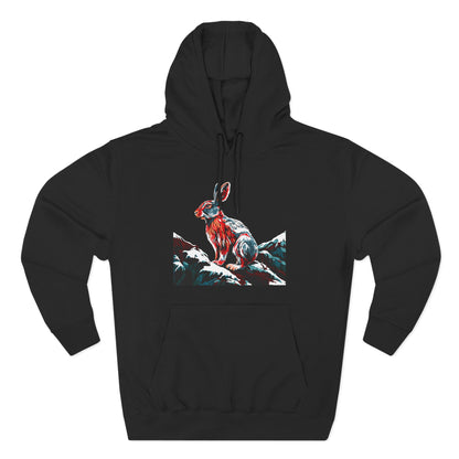 Hand-drawn Alaska Native inspired snowshoe hare hoodie — original Indigenous wildlife design — close-up of the design detail