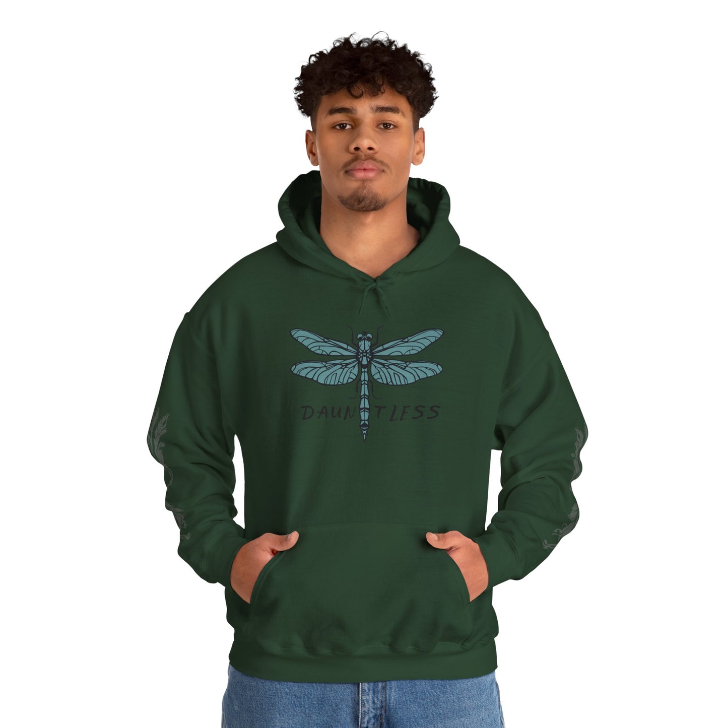 Hand-drawn 'Dauntless' word art hoodie inspired by Alaska Native design traditions — flat lay view