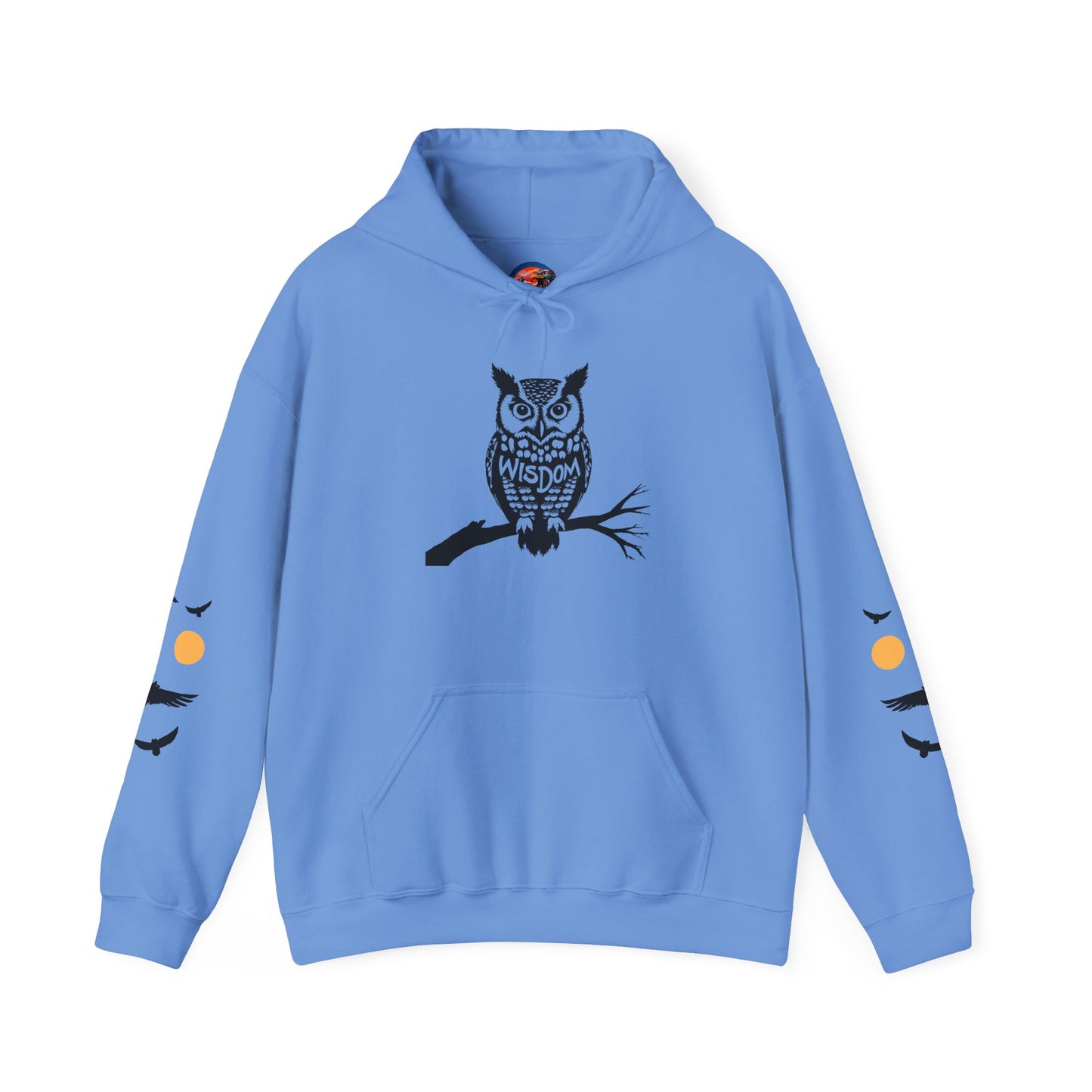 Hand-drawn 'Wisdom' word art hoodie inspired by Alaska Native design traditions — close-up of the design detail