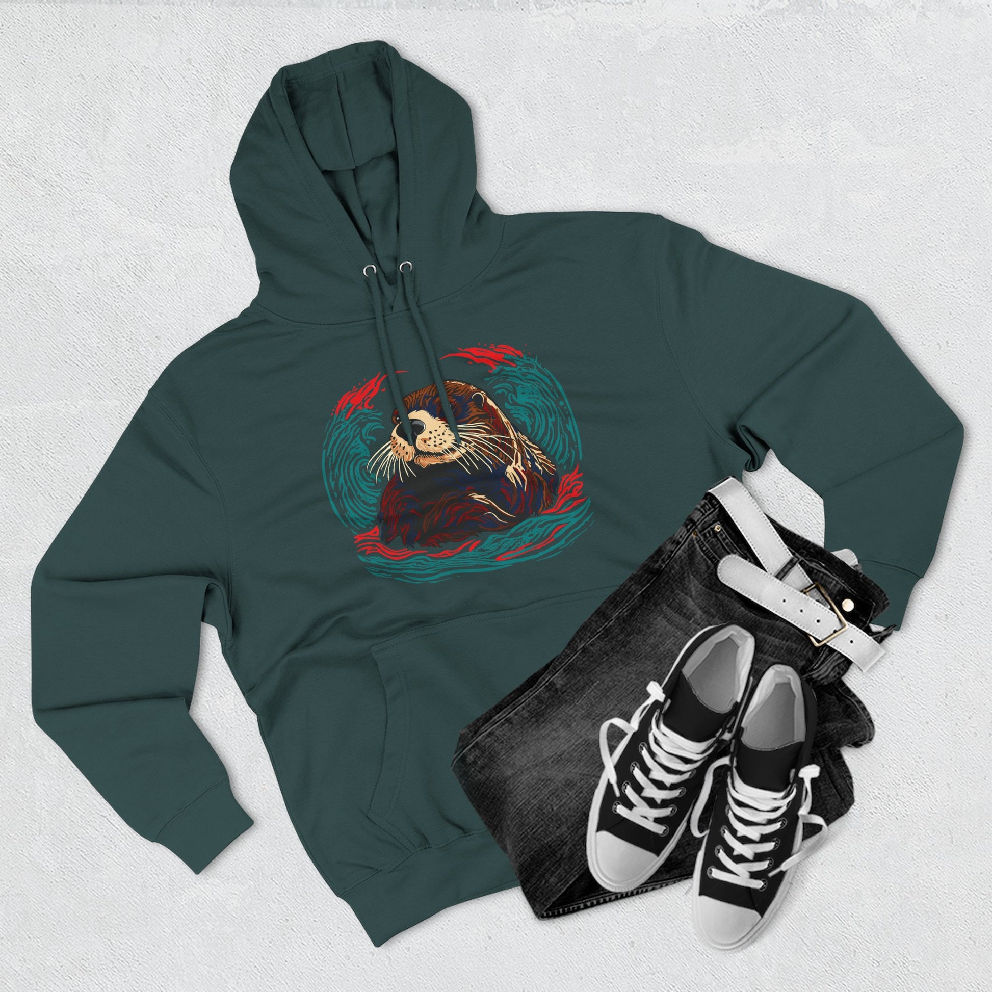 Hand-drawn Alaska Native inspired sea otter hoodie — original Indigenous wildlife design — close-up texture detail