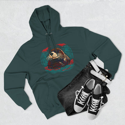 Hand-drawn Alaska Native inspired sea otter hoodie — original Indigenous wildlife design — close-up texture detail