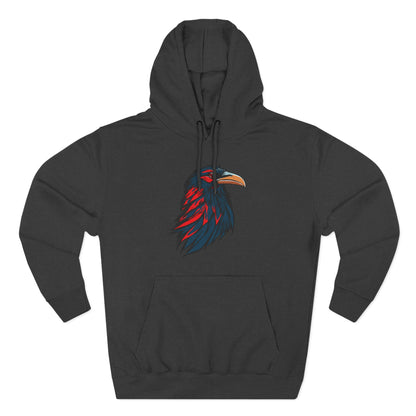Hand-drawn Alaska Native inspired raven hoodie — original Indigenous wildlife design — shown from a different angle