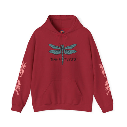 Hand-drawn 'Dauntless' word art hoodie inspired by Alaska Native design traditions — back view