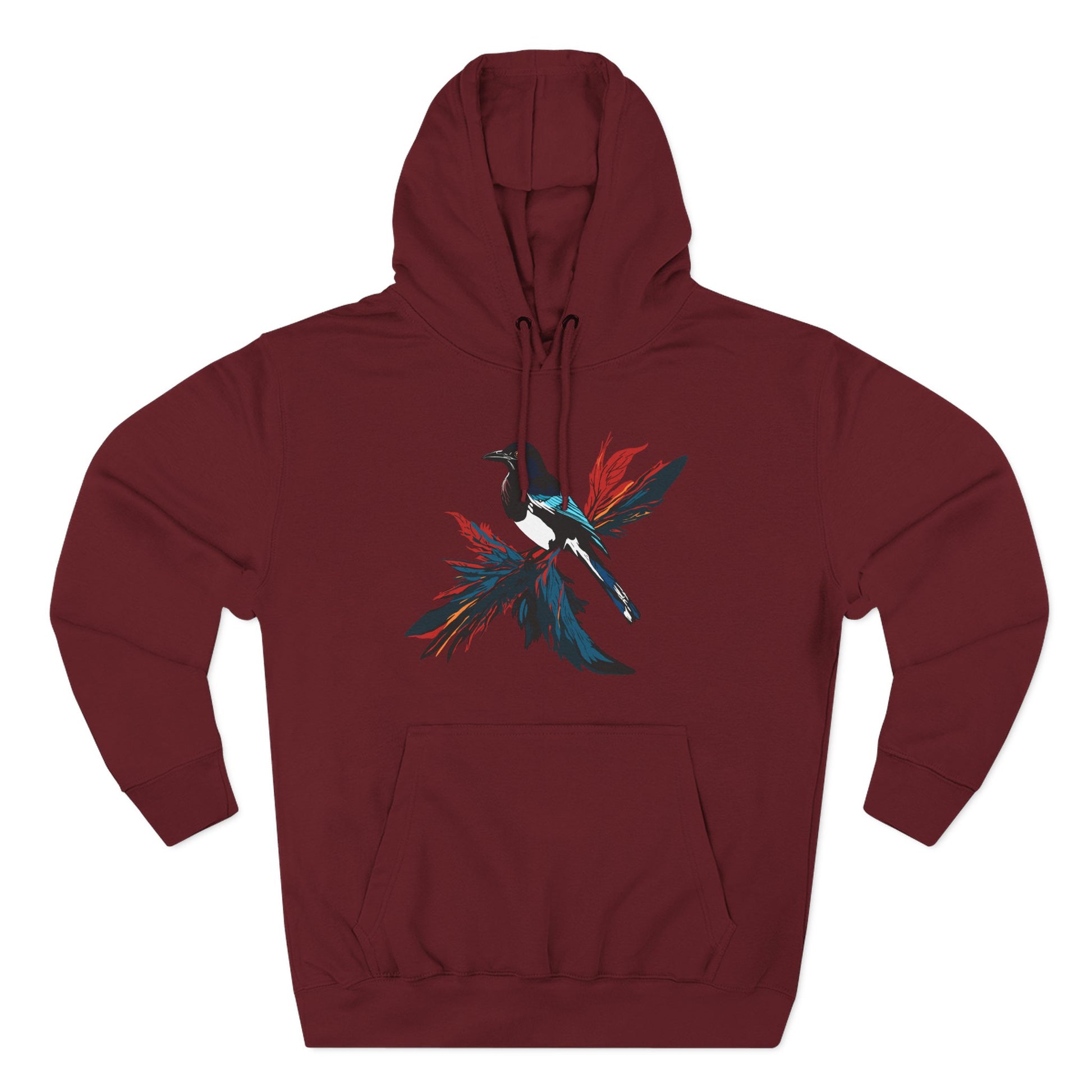 Hand-drawn Alaska Native inspired magpie hoodie — original Indigenous wildlife design — shown from a different angle