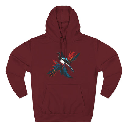 Hand-drawn Alaska Native inspired magpie hoodie — original Indigenous wildlife design — shown from a different angle