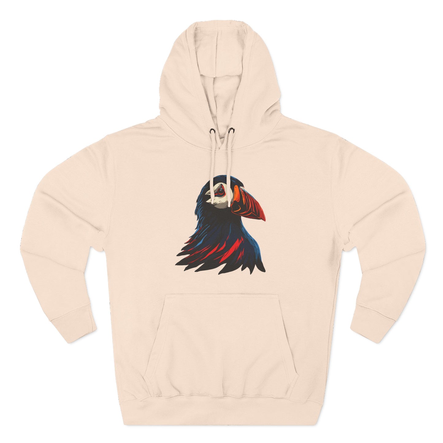 Hand-drawn Alaska Native inspired puffin hoodie — original Indigenous wildlife design — styled product photo