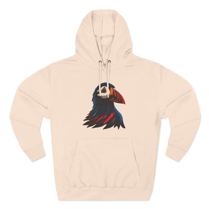 Hand-drawn Alaska Native inspired puffin hoodie — original Indigenous wildlife design — styled product photo