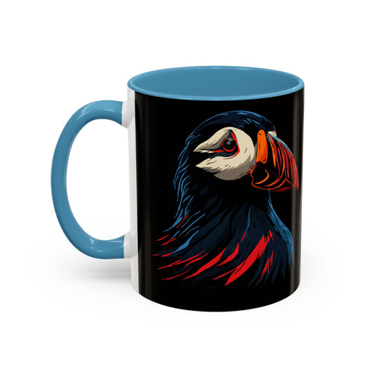 Hand-drawn puffin icon mug — original wildlife art by Kayanna Healy at Neo Native