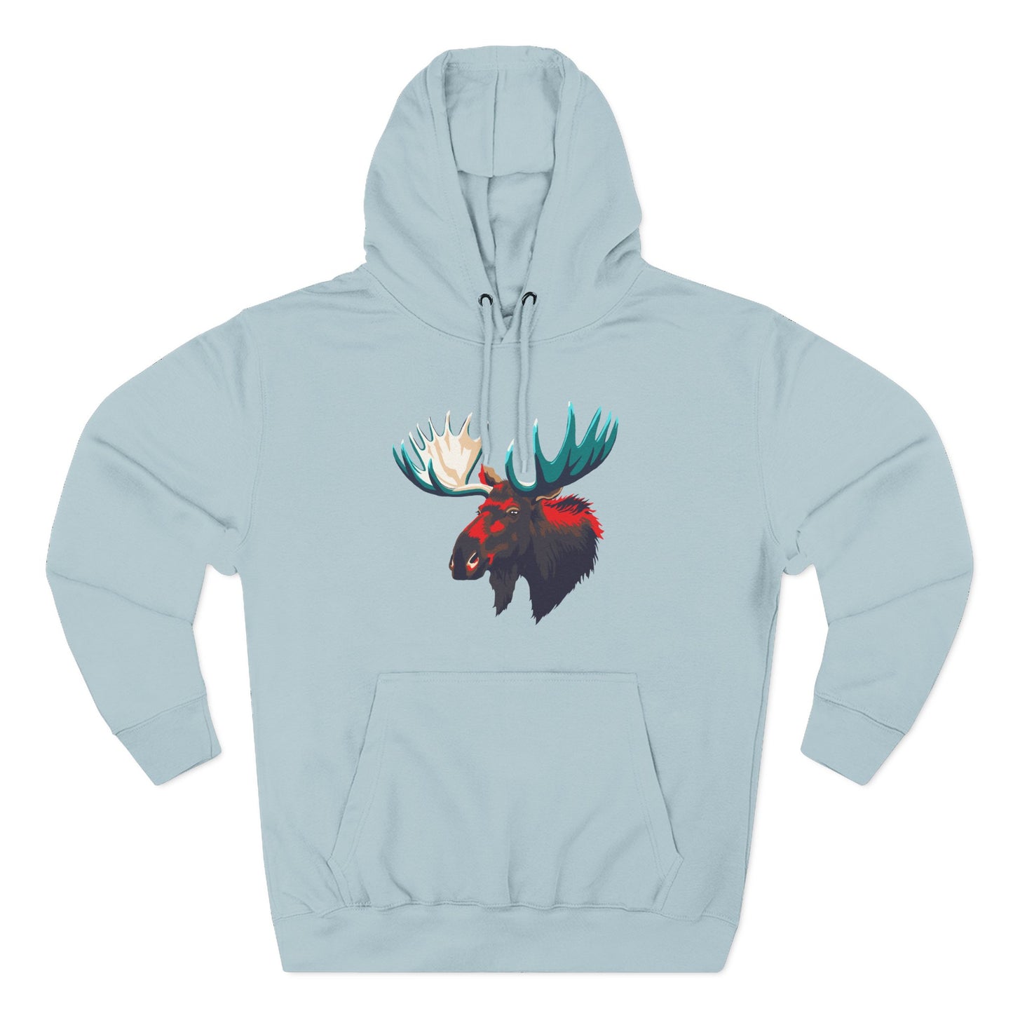 Hand-drawn Alaska Native inspired moose hoodie — original Indigenous wildlife design — shown from a different angle