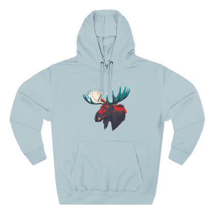 Hand-drawn Alaska Native inspired moose hoodie — original Indigenous wildlife design — shown from a different angle