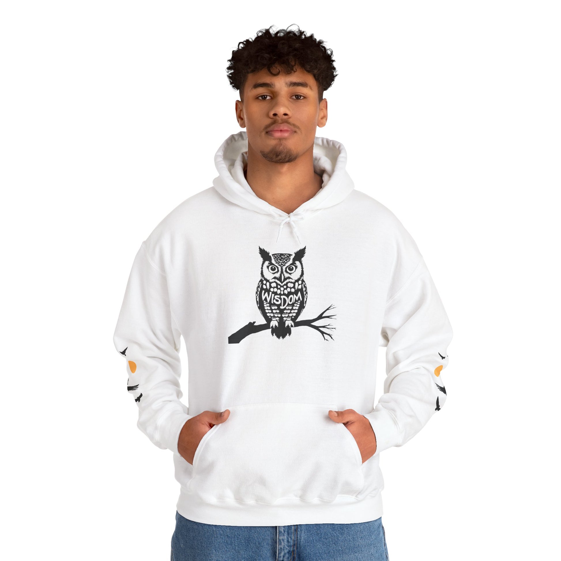 Hand-drawn 'Wisdom' word art hoodie inspired by Alaska Native design traditions — close-up texture detail