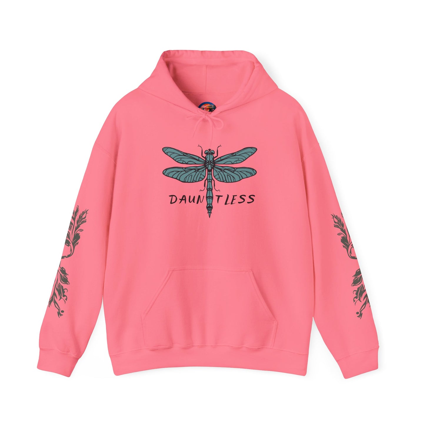 Hand-drawn 'Dauntless' word art hoodie inspired by Alaska Native design traditions — front view
