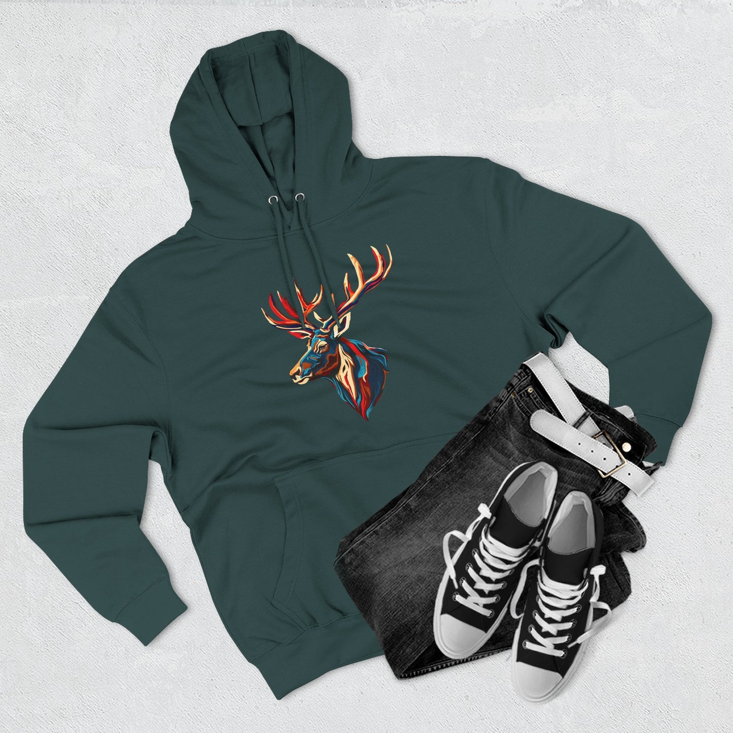 Hand-drawn Alaska Native inspired elk hoodie — original Indigenous wildlife design — close-up texture detail