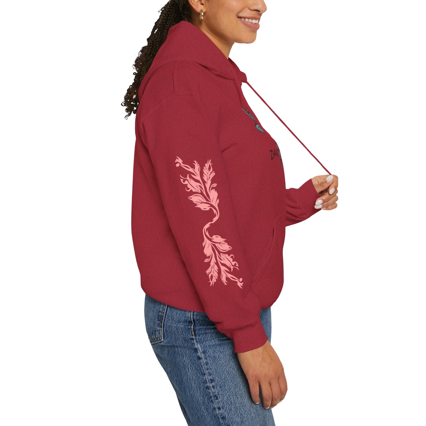 Hand-drawn 'Dauntless' word art hoodie inspired by Alaska Native design traditions — shown from a different angle