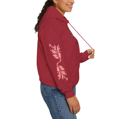 Hand-drawn 'Dauntless' word art hoodie inspired by Alaska Native design traditions — shown from a different angle