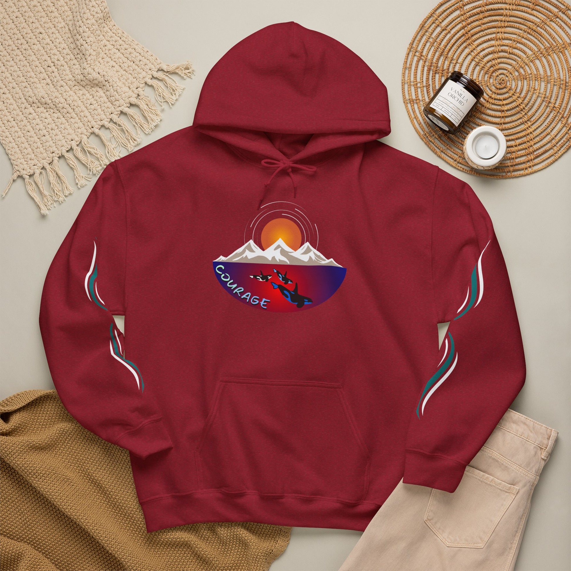 Hand-drawn 'Courage' word art hoodie inspired by Alaska Native design traditions — styled product photo