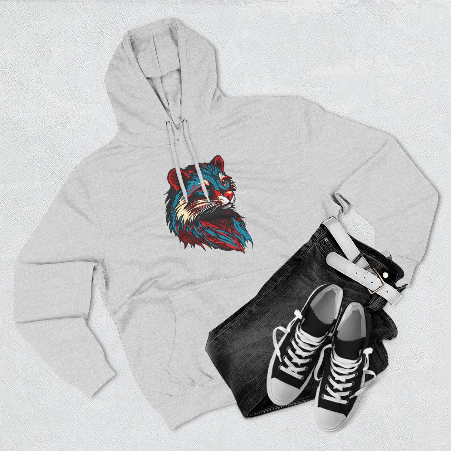 Hand-drawn Alaska Native inspired mink hoodie — original Indigenous wildlife design — flat lay view
