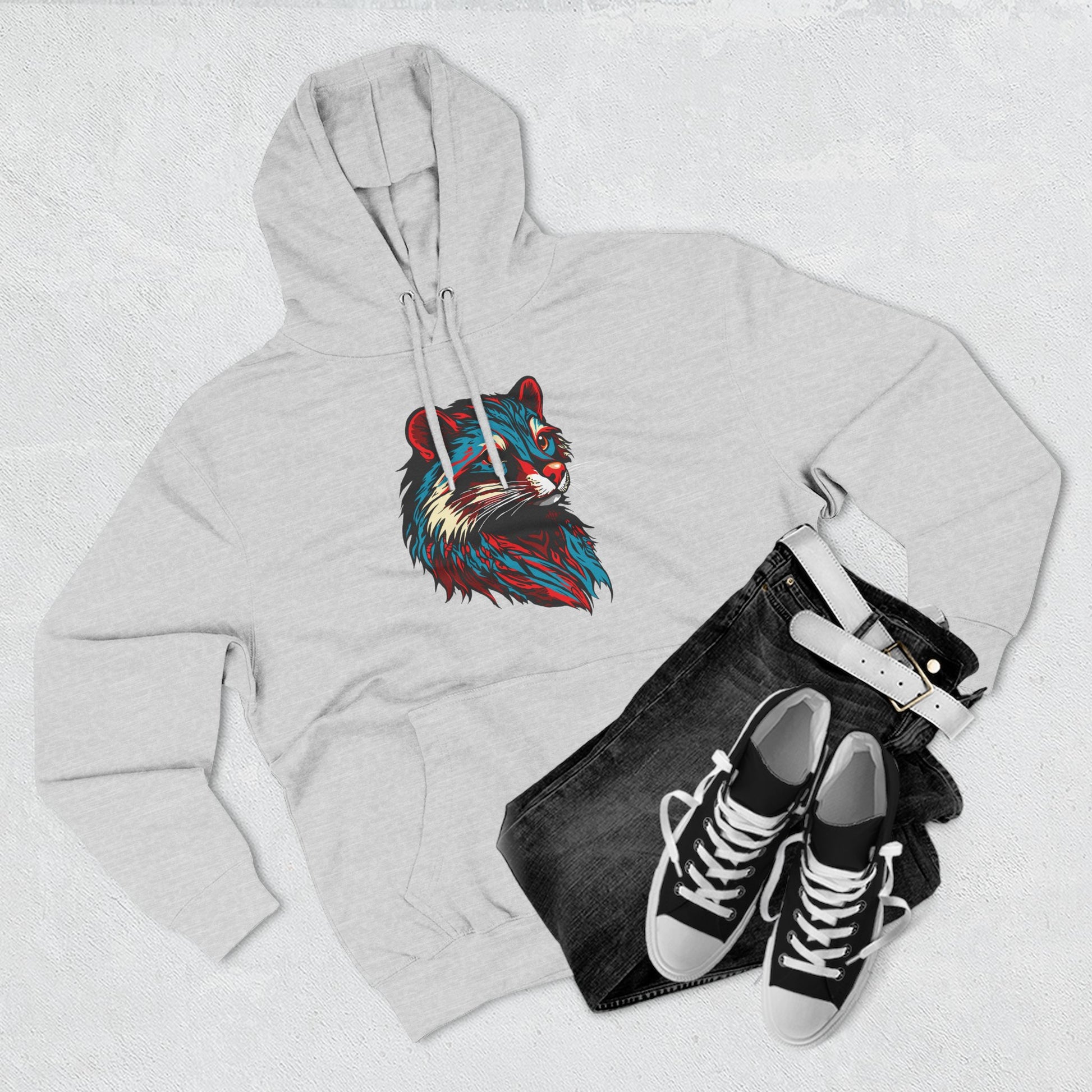 Hand-drawn Alaska Native inspired mink hoodie — original Indigenous wildlife design — flat lay view