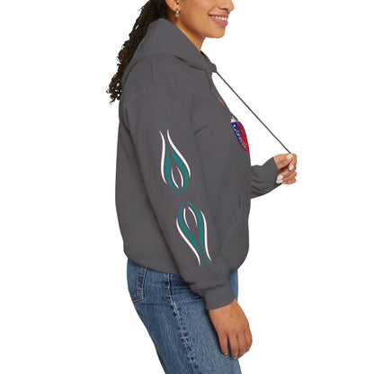 Hand-drawn 'Courage' word art hoodie inspired by Alaska Native design traditions — shown from a different angle