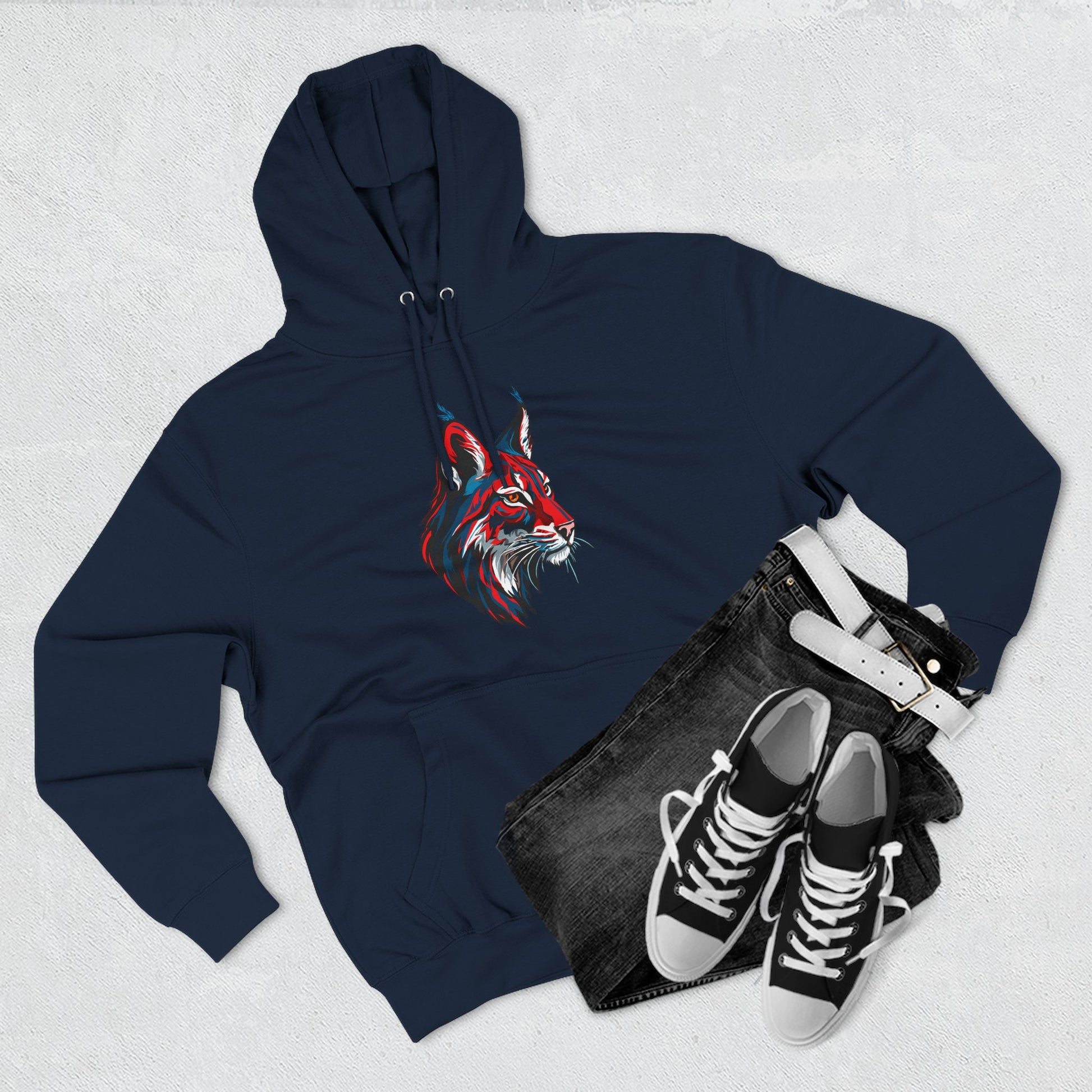 Hand-drawn Alaska Native inspired lynx hoodie — original Indigenous wildlife design — close-up texture detail