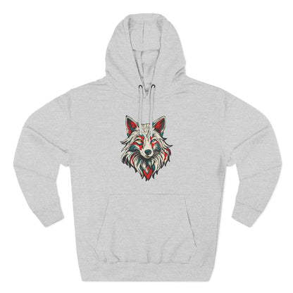 Hand-drawn Alaska Native inspired arctic fox hoodie — original Indigenous wildlife design — close-up of the design detail