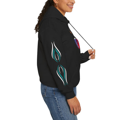 Hand-drawn 'Courage' word art hoodie inspired by Alaska Native design traditions — close-up texture detail