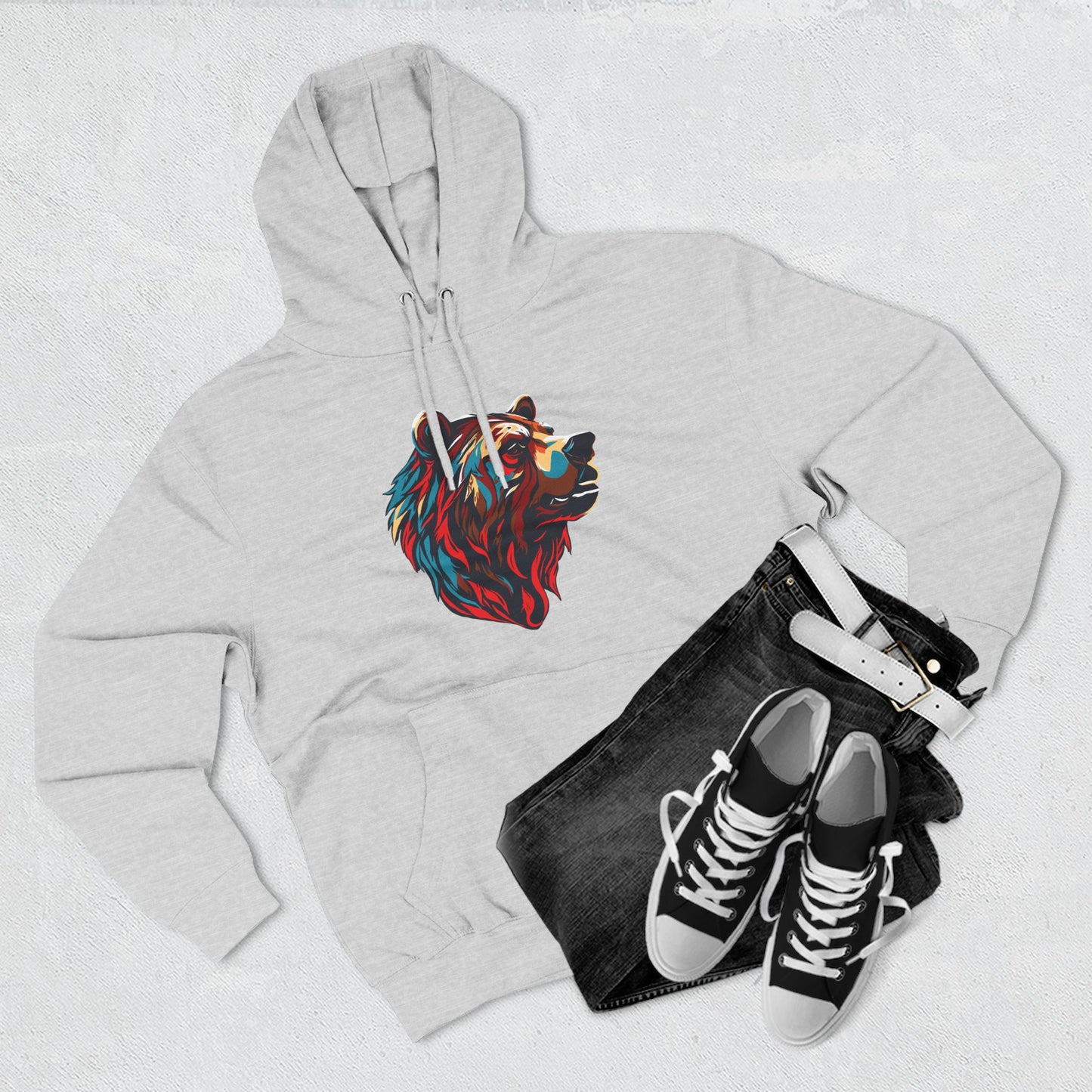 Hand-drawn Alaska Native inspired grizzly bear hoodie — original Indigenous wildlife design — shown in an alternate colorway