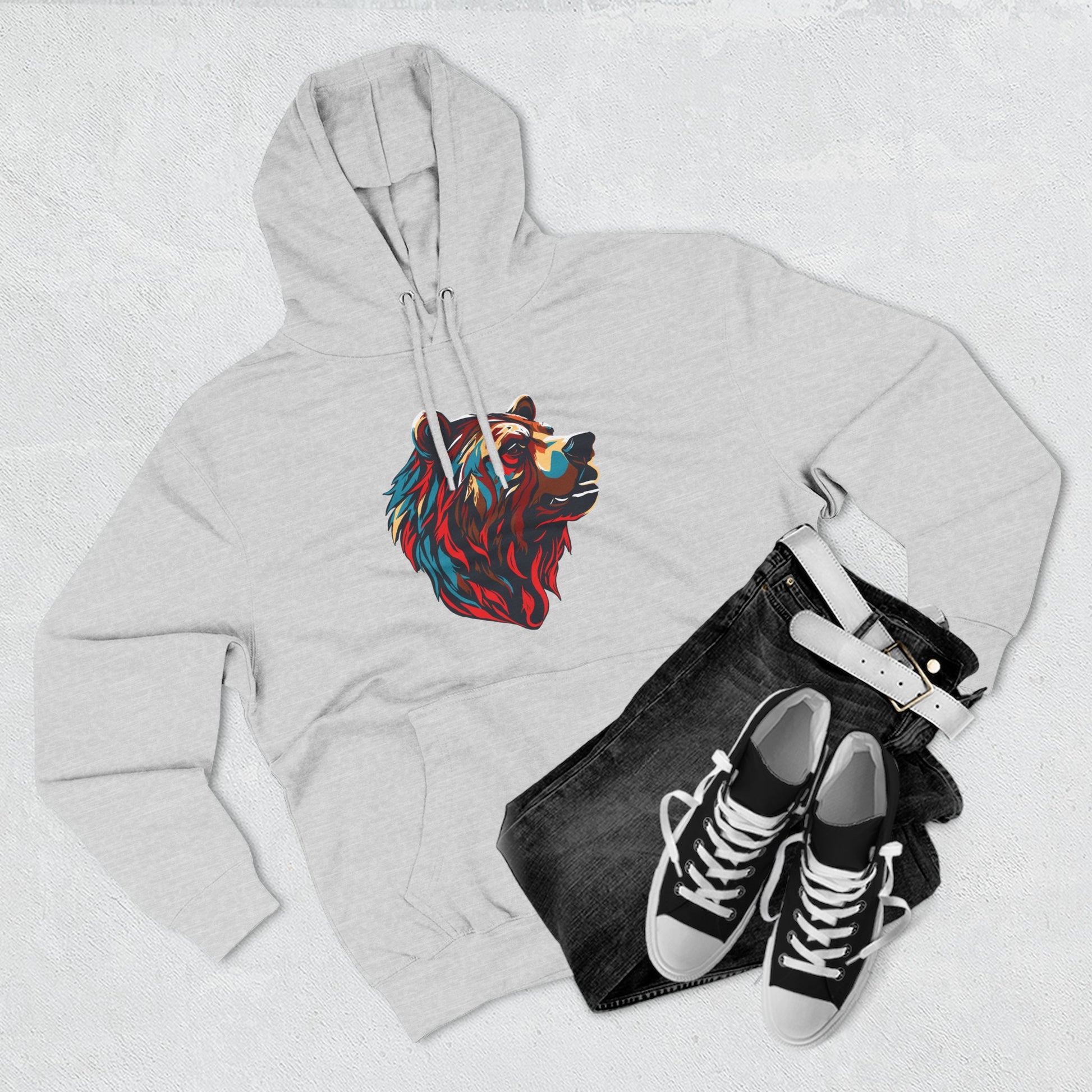 Hand-drawn Alaska Native inspired grizzly bear hoodie — original Indigenous wildlife design — shown in an alternate colorway