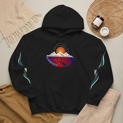 Hand-drawn 'Courage' word art hoodie inspired by Alaska Native design traditions — front view