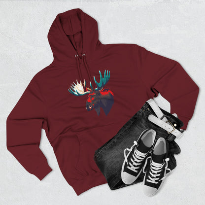 Hand-drawn Alaska Native inspired moose hoodie — original Indigenous wildlife design — shown in an alternate colorway
