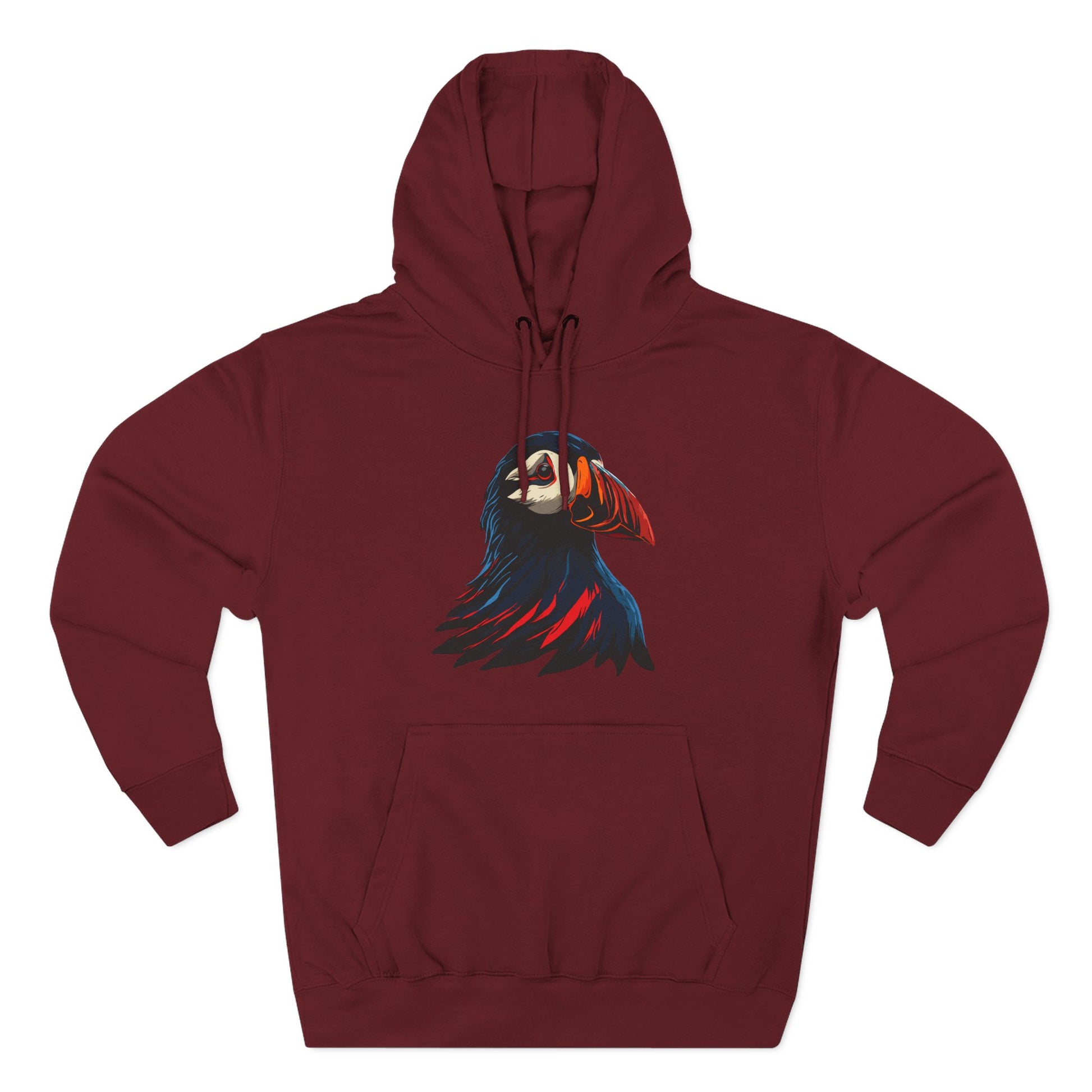 Hand-drawn Alaska Native inspired puffin hoodie — original Indigenous wildlife design — back view