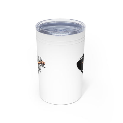 Hand-drawn Alaska Native inspired eagle feather tumbler — original Indigenous wildlife design — flat lay view