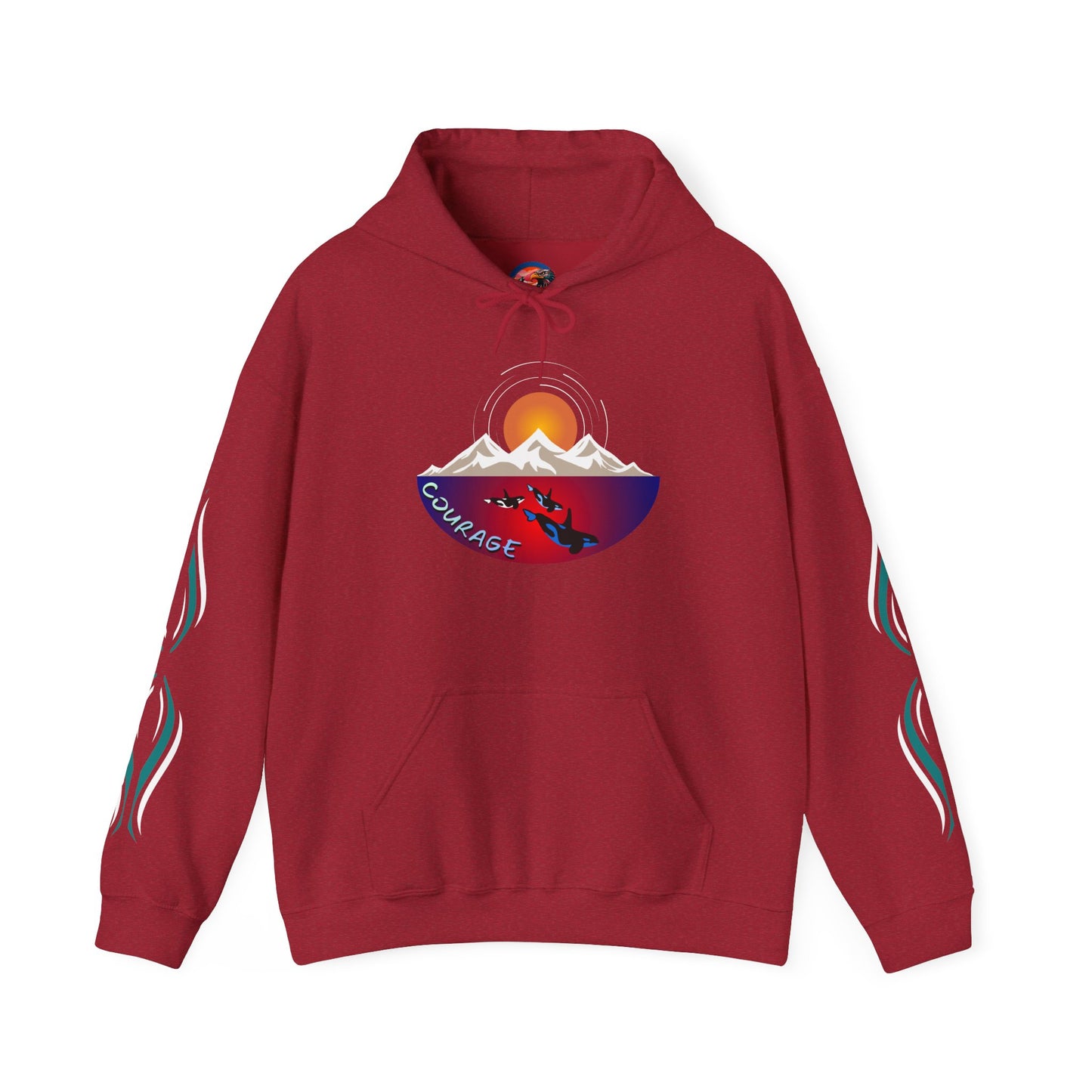 Hand-drawn 'Courage' word art hoodie inspired by Alaska Native design traditions — back view