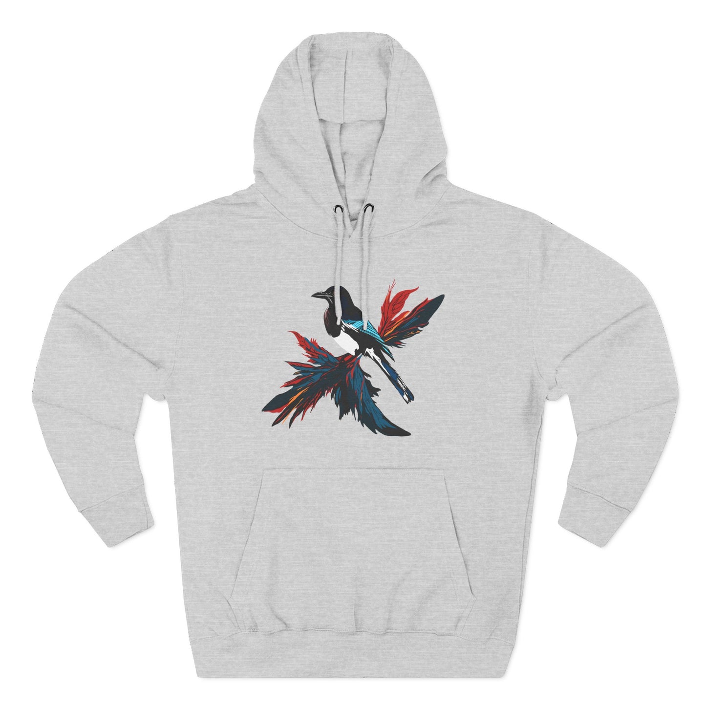 Hand-drawn Alaska Native inspired magpie hoodie — original Indigenous wildlife design — close-up of the design detail