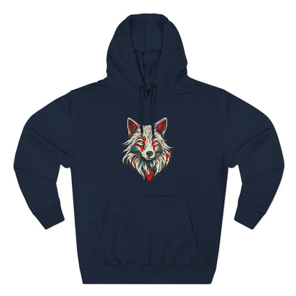 Hand-drawn Alaska Native inspired arctic fox hoodie — original Indigenous wildlife design — styled product photo