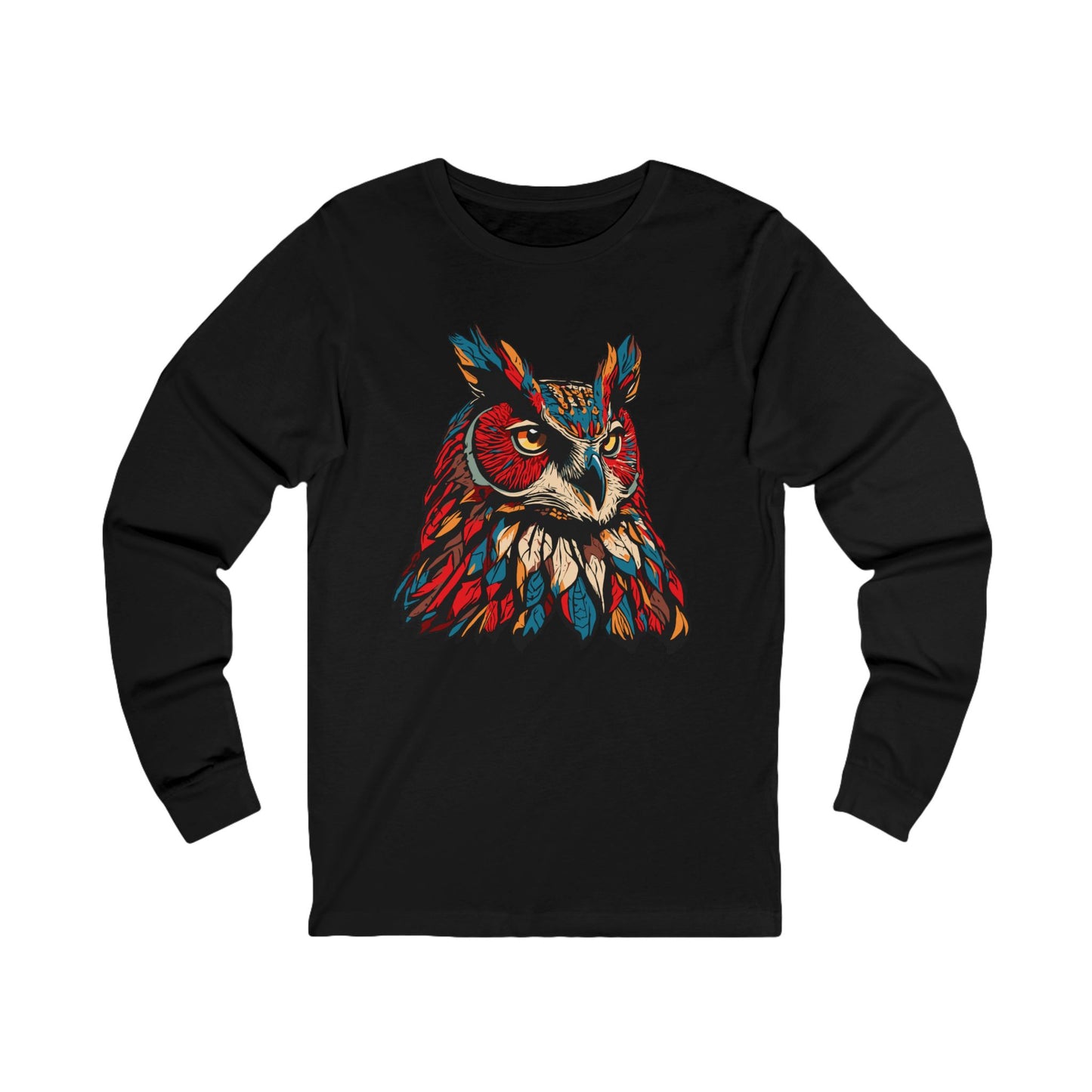 Hand-drawn great horned owl icon long-sleeve tee — original wildlife art by Kayanna Healy at Neo Native