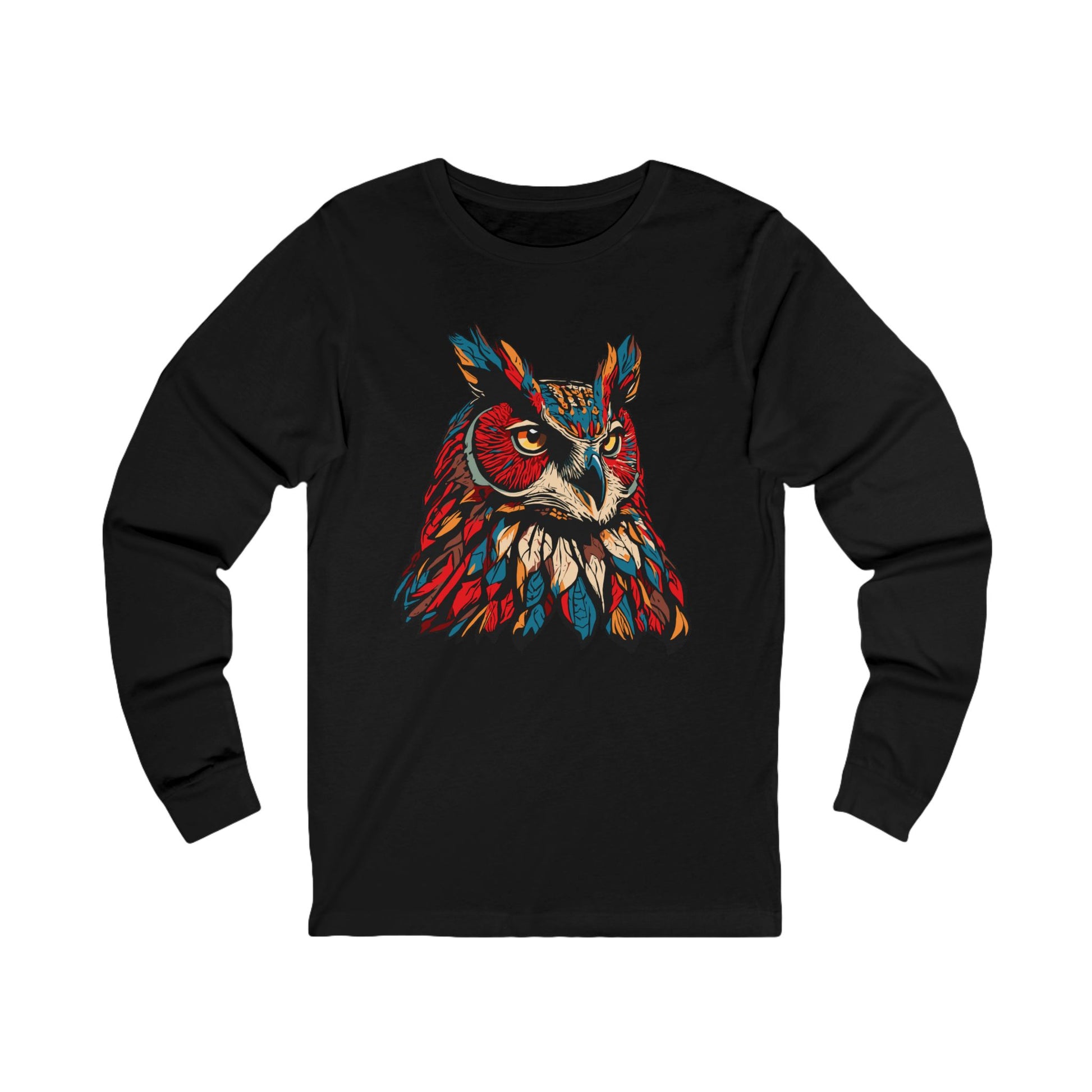 Hand-drawn great horned owl icon long-sleeve tee — original wildlife art by Kayanna Healy at Neo Native
