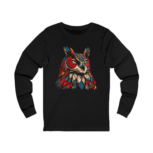 Hand-drawn great horned owl icon long-sleeve tee — original wildlife art by Kayanna Healy at Neo Native