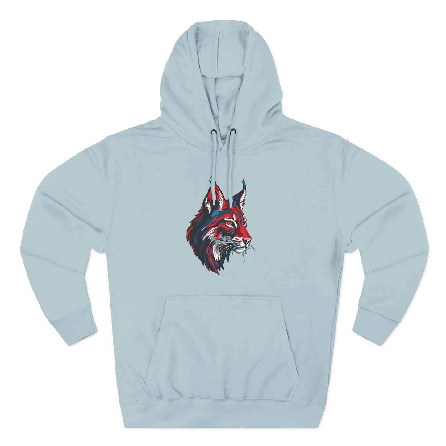 Hand-drawn Alaska Native inspired lynx hoodie — original Indigenous wildlife design — shown from a different angle
