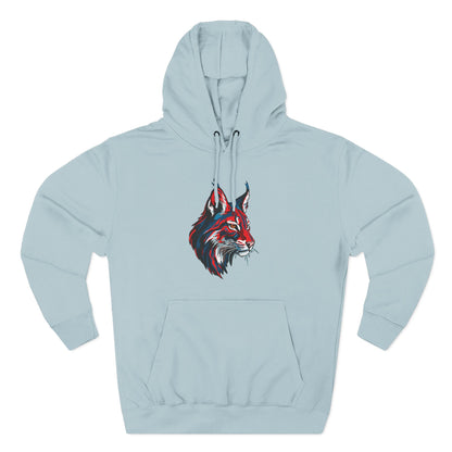 Hand-drawn Alaska Native inspired lynx hoodie — original Indigenous wildlife design — shown from a different angle