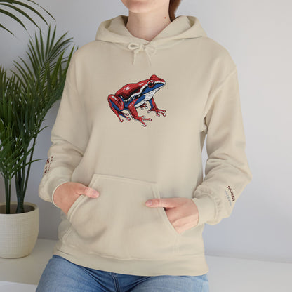 Hand-drawn Alaska Native inspired wood frog hoodie — original Indigenous wildlife design — shown from a different angle