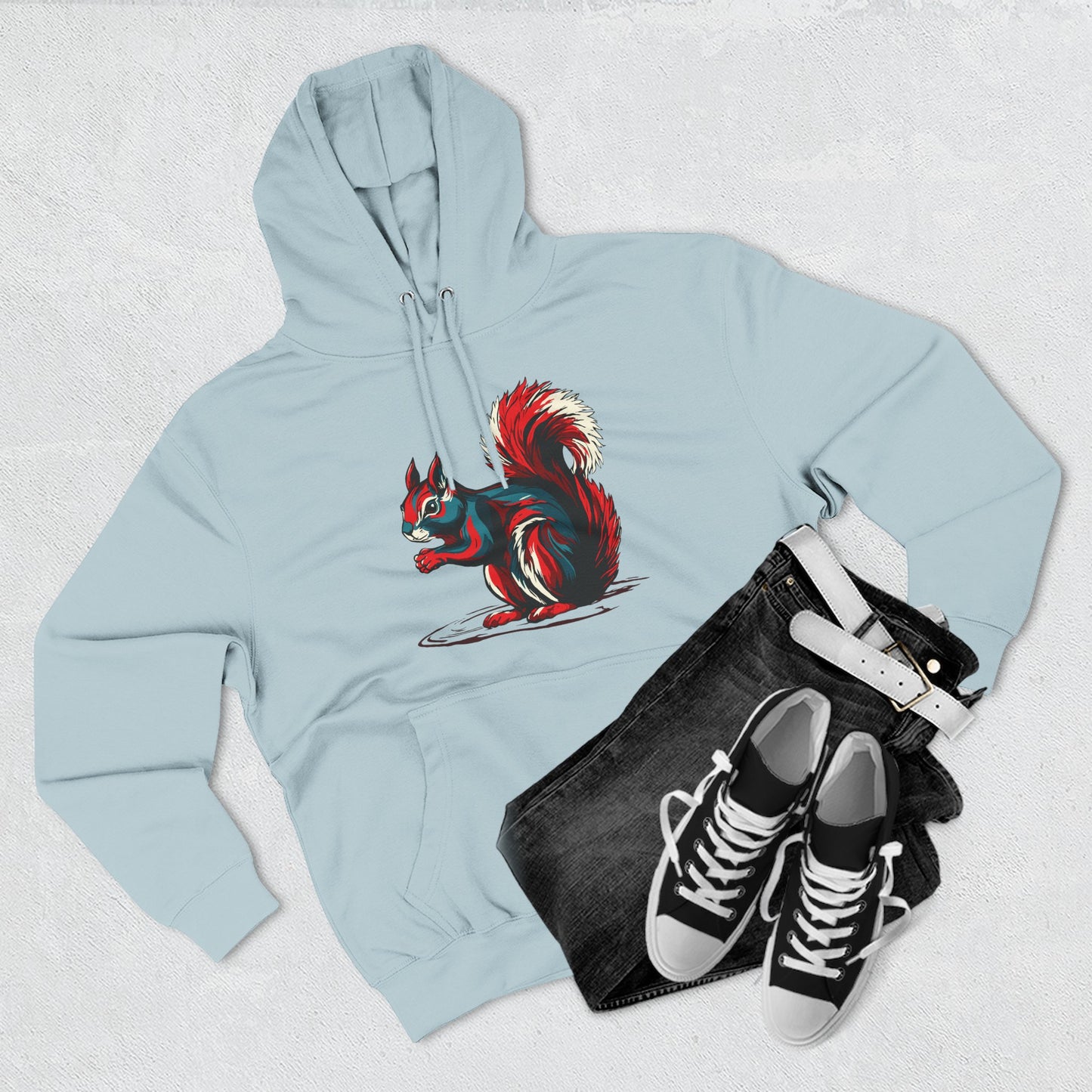 Hand-drawn Alaska Native inspired squirrel hoodie — original Indigenous wildlife design — close-up texture detail