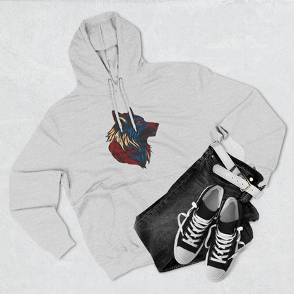 Hand-drawn Alaska Native inspired wolf hoodie — original Indigenous wildlife design — flat lay view